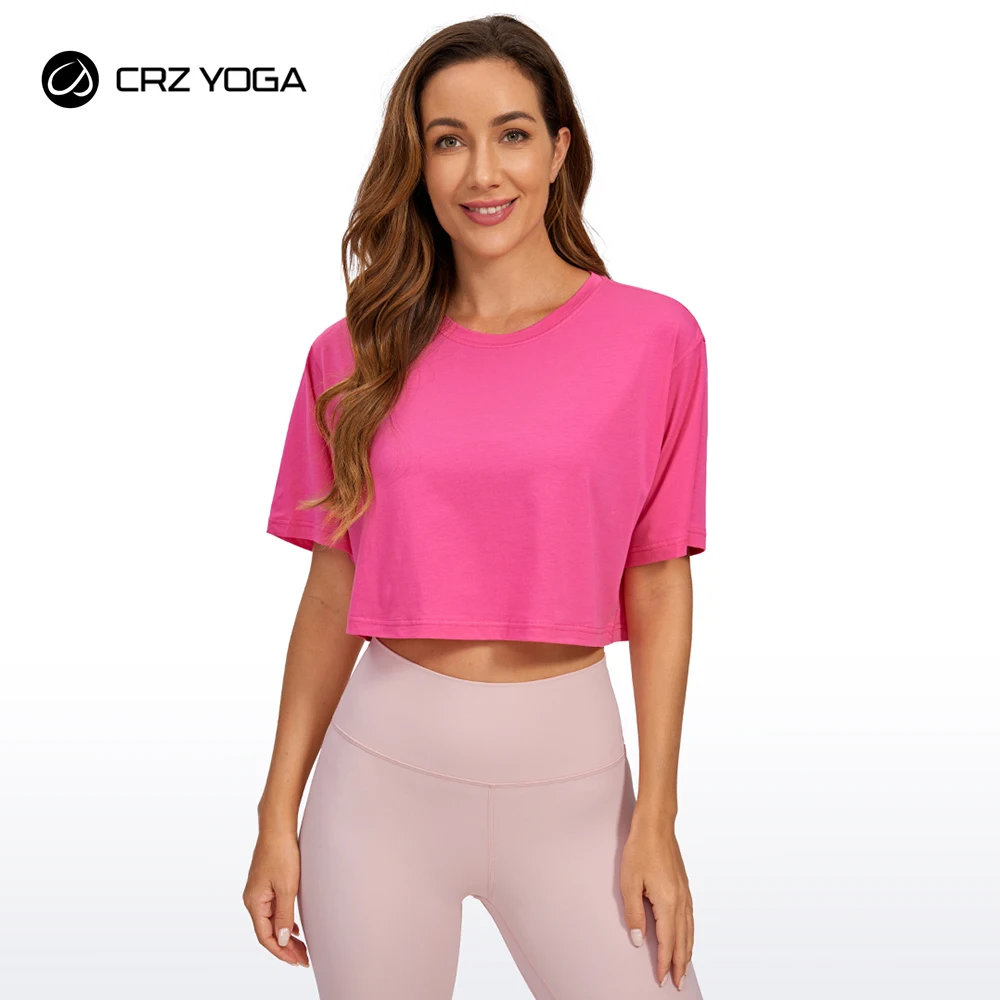 CRZ YOGA Women's Pima Cotton Workout Crop Tops Short Sleeve Yoga Shirts Casual Athletic Running T-Shirts