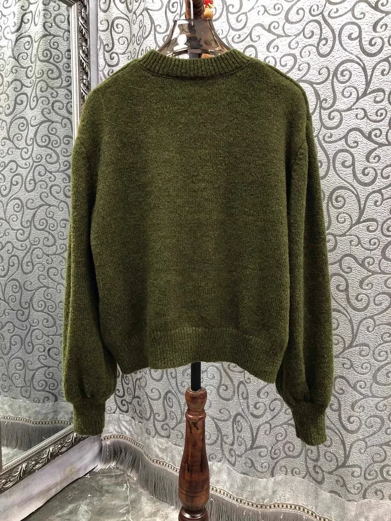 High Quality Sweaters 2023 Autumn Winter Tops Women Appliques Flower Deco Long Sleeve Casual Wool Blend Knitted Jumpers Green