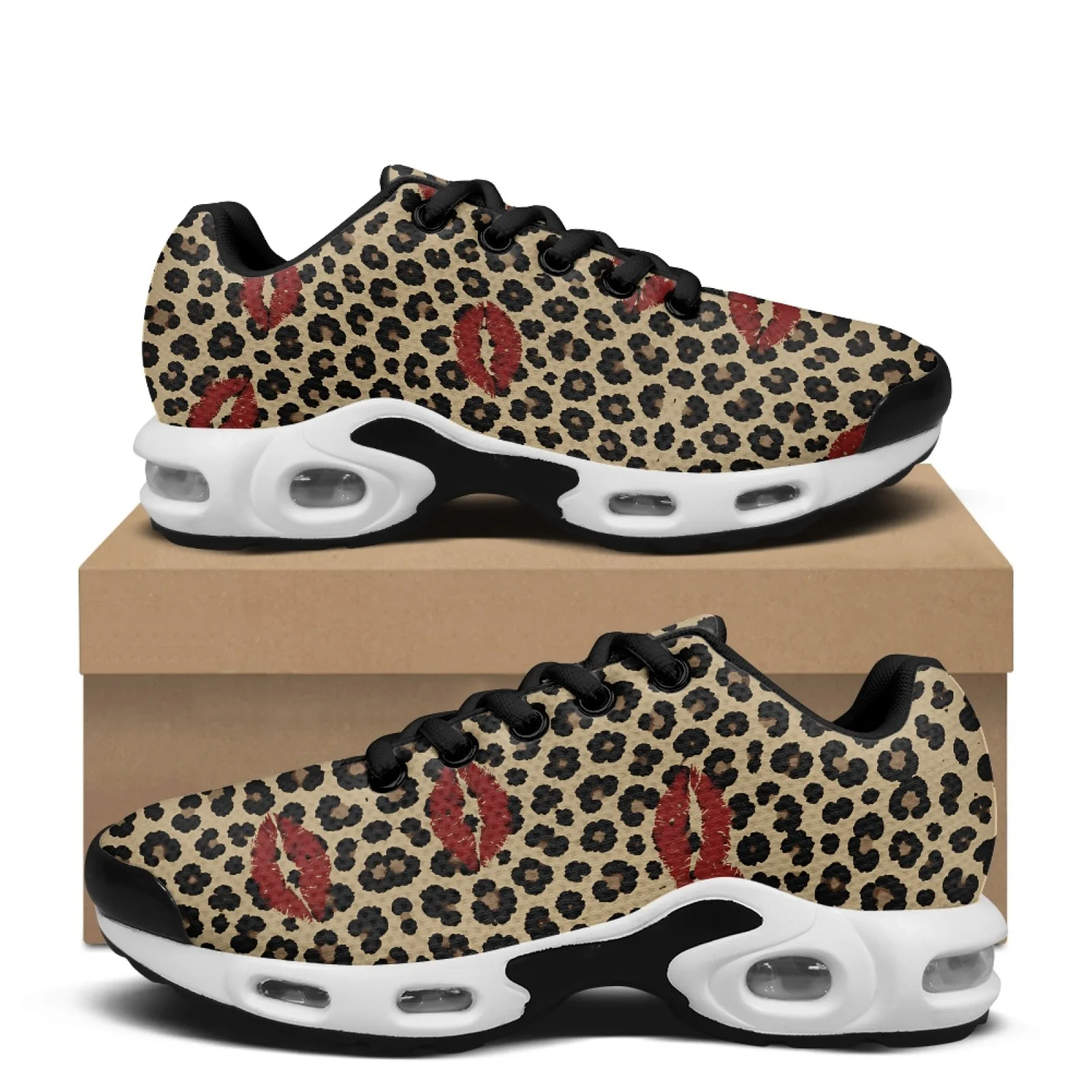 PENSTROLL Leopard Red Lip Print Air Cushion Walking Shoes, Breathable Mesh Sneakers for Adult Gym Training and Casual Athletic