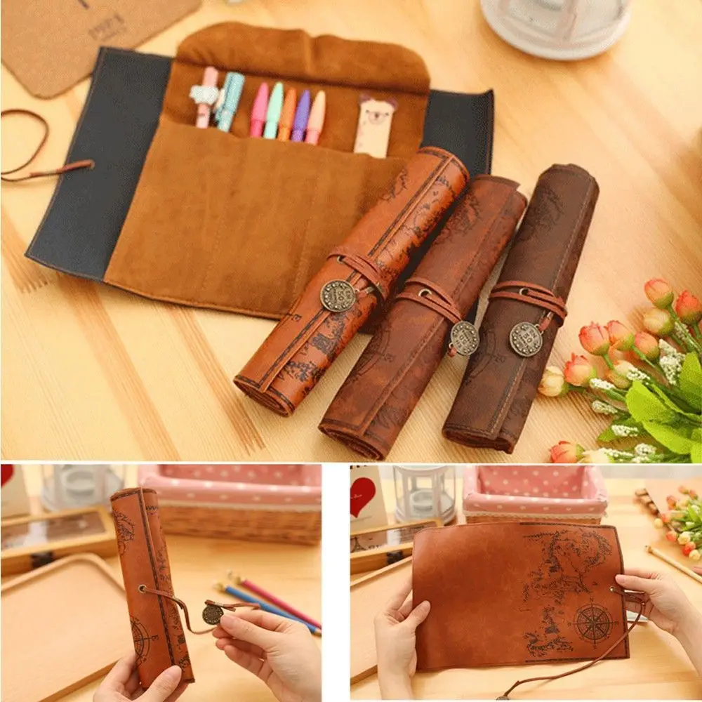 ファッションヴィンテージロール高級宝物マップケースバッグ財布ポーチレザー化粧品メイクアップPUバッグペンシルケース（学校用）