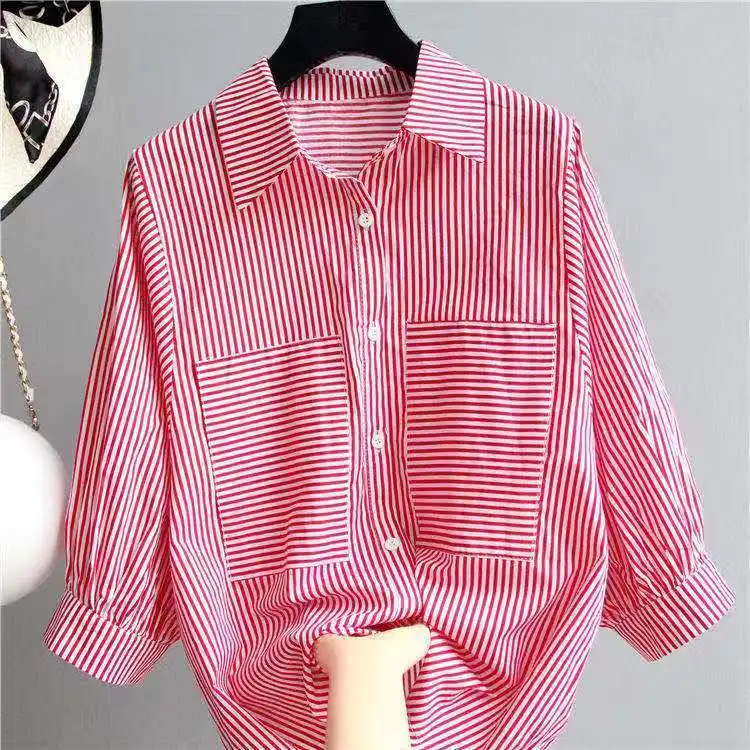 

Women's Striped irt Loose Fit Long Sve Collar Button up Korean Sle Summer New Arrival plus Size Slimming Top