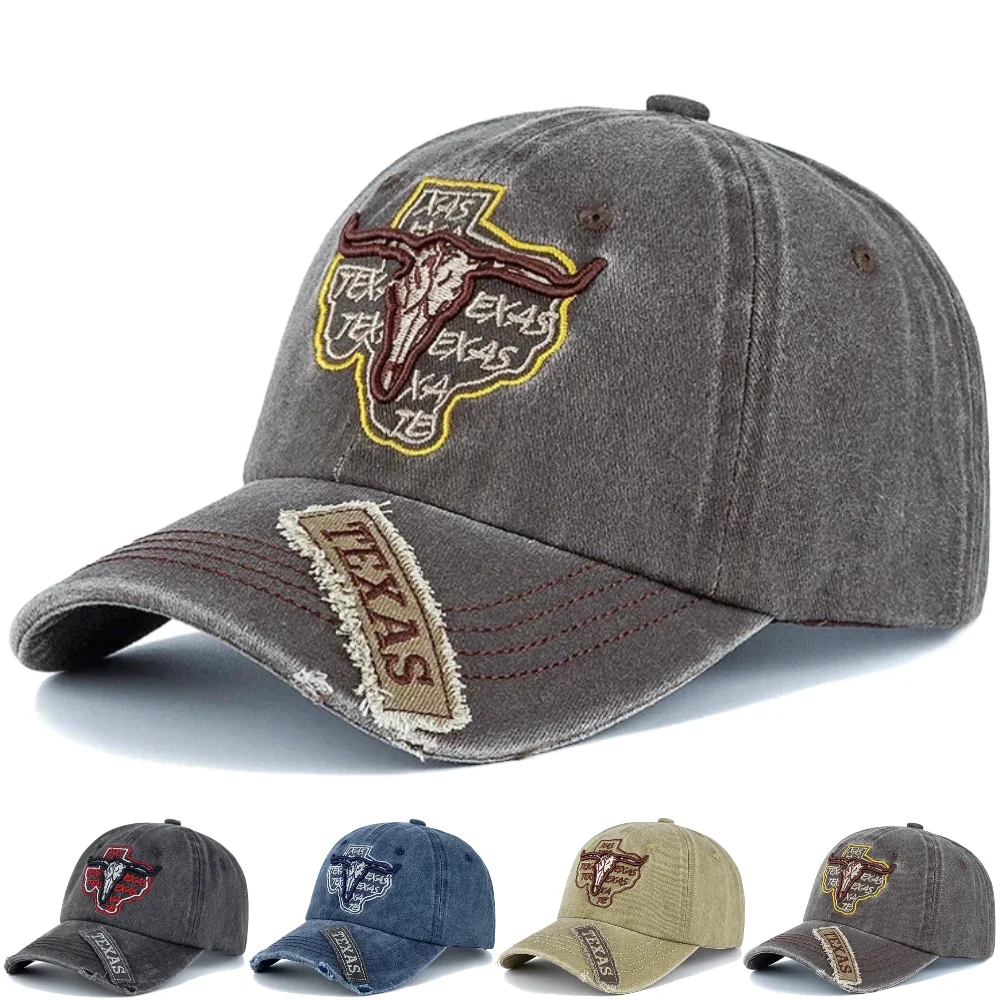 Gorra unisex de algodón lavado, estilo vintage, con bordado de la letra TEXAS y cabeza de toro, para hombre y mujer.