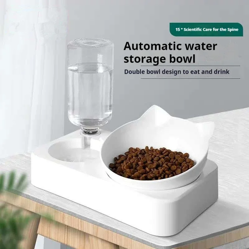 This double dog cat bowl, water and food bowl, inclined 15 degree high cat bowl, automatic water bottle, pet