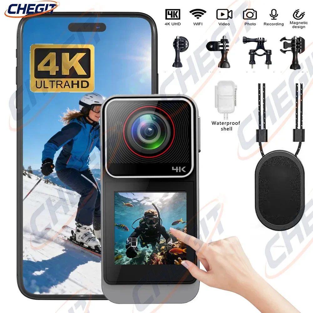 4K WiFi Touch Mini Action Camera Outdoor Sport 2.7K Thumb Pocket Camera Portable Helmet Motorcycle Camcorder for Vlog Cycling
