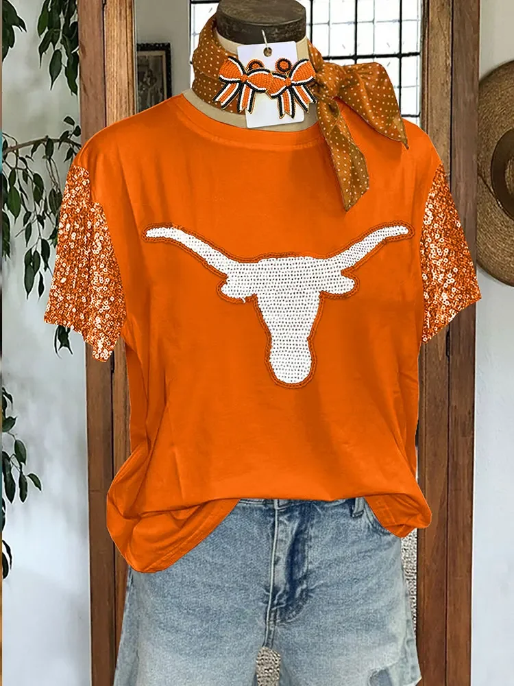 Casual Gameday Longhorn Sequin Top