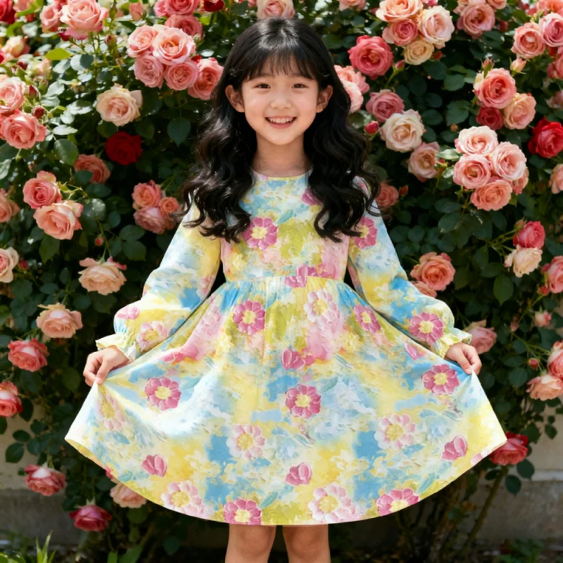 Girls Watercolor Floral Print Long Sleeve Dress Boho Flowy Swing Skirt Casual Party Dress for Kids Toddlers New Arrival 2026
