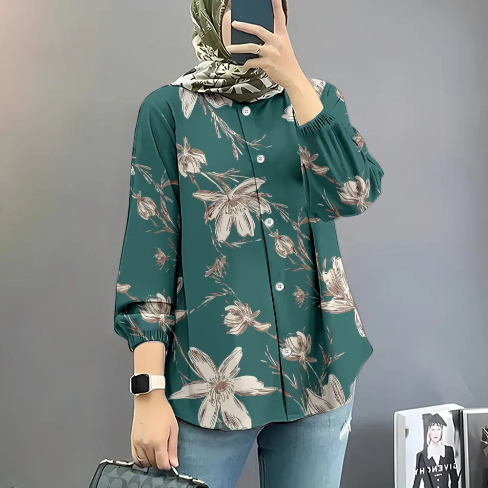 Elegant Floral Print Button Down Shirt Women Spring 2025 Female Muslim Abaya Blouse Clothing Long Sleeve Elastic Cuff Shirt Top