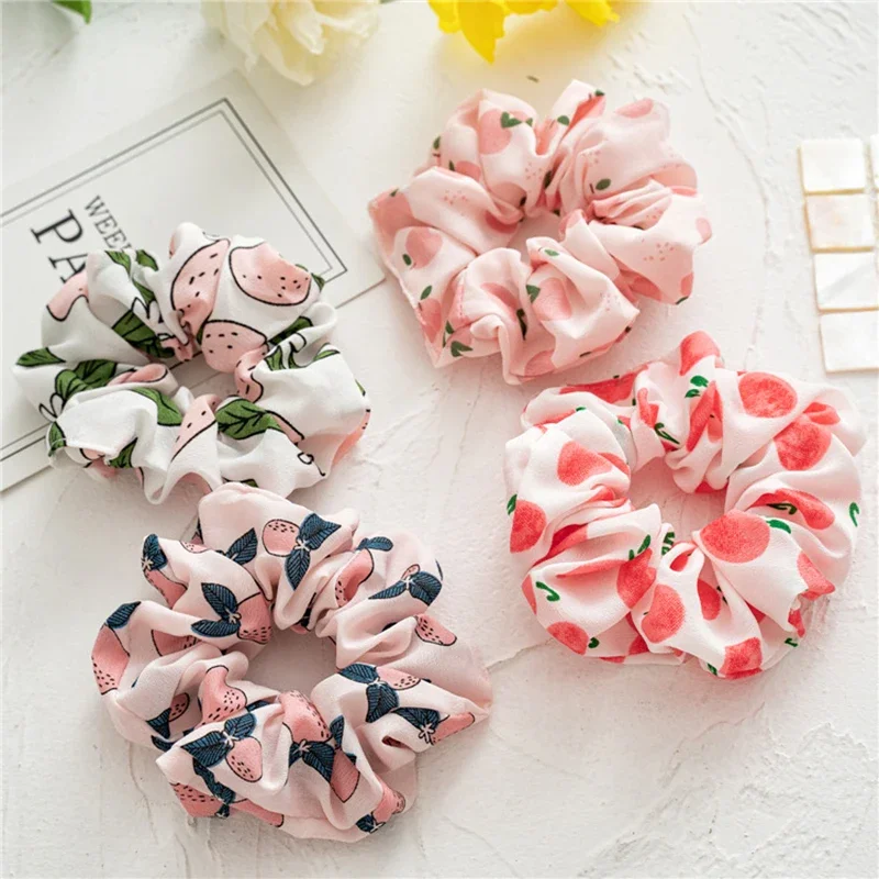 Peach Fruits Hair Bands Floral Scrunchies for Women Hair Accessories Elastic Headwear Rubber Nylon Hair Rope Sweet Girl Headwear