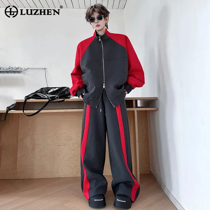 

LUZHEN стильные красивые комплекты из двух предметов, мужские осенние комплекты 2021, контрастная дизайнерская куртка с двойной молнией, свободные повседневные брюки JY4036