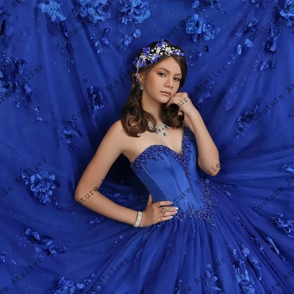 Vestido de princesa com flores 3D, Fora do vestido de baile, Azul Royal, Vestido Quinceanera, Sweet 16 Dress, 2024