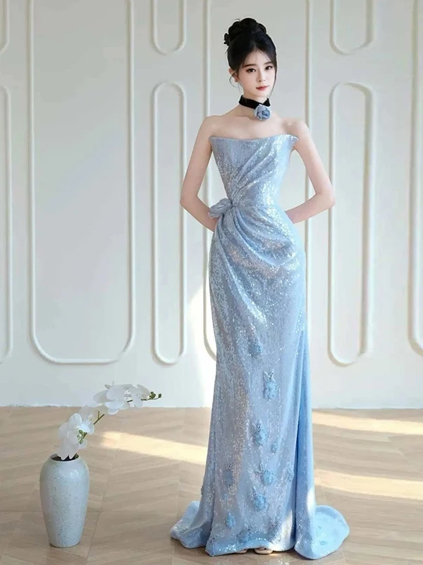 

Blue Strapl Evening Gown Faionable Wedding Dr Ele Long Skirt for Engagement And Banquet Lightweight Polyester Fiber