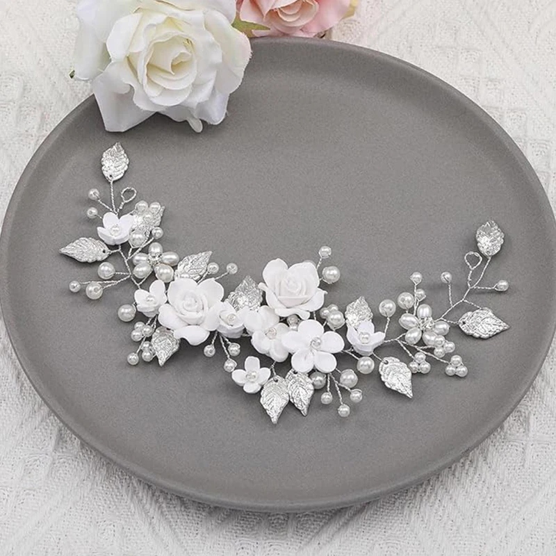 Flower Bride Wedding Hair Rattan Pearl Hair Leaf Hair Accessories Rhinestone Headband for Women and Girls (9 ")(Silver)