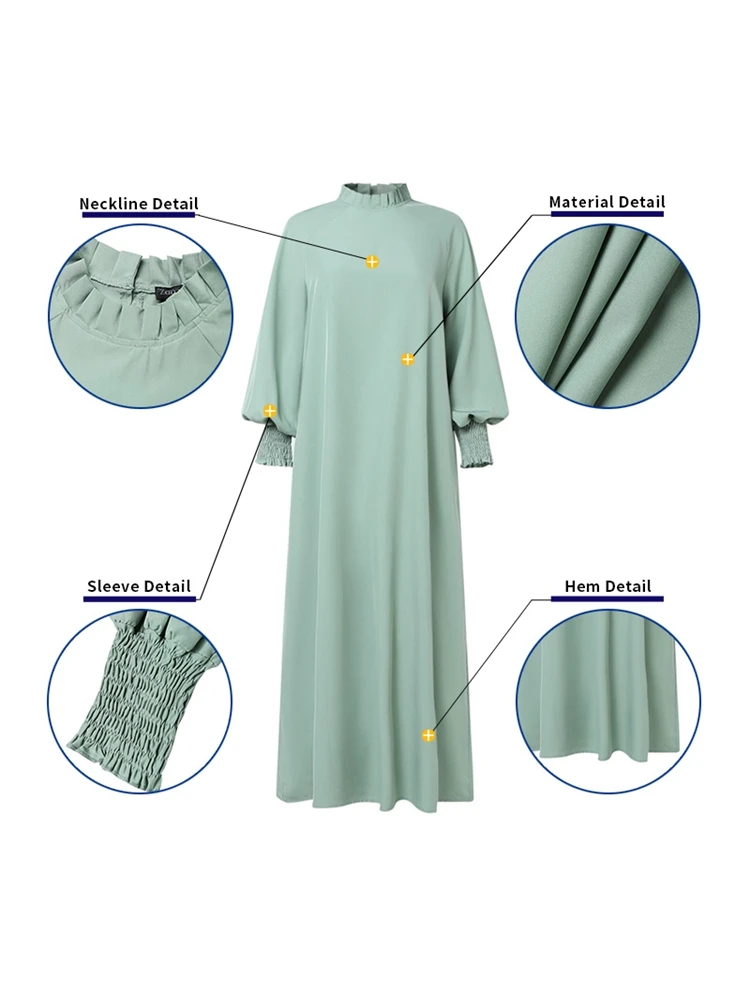 ZANZEA Women Modest Elegant Eid Maxi Dress Shirring Cuff Long Sleeve Ruffled O Neck Vestidos Muslim Islamic Hijab Abaya Robes