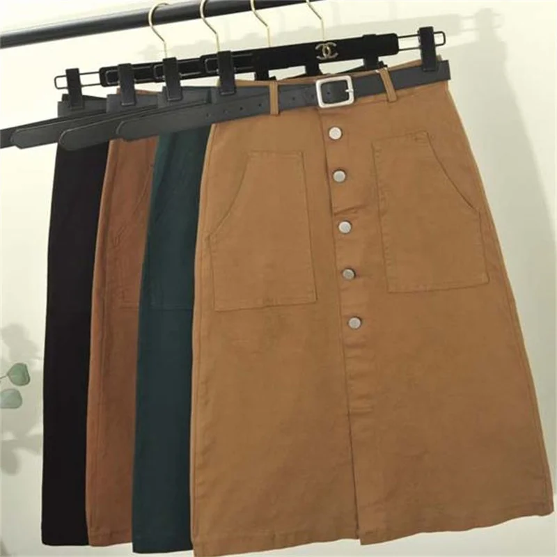 Mid-length denim skirt women's spring and autumn new single-breasted over-the-knee split A-line skirt