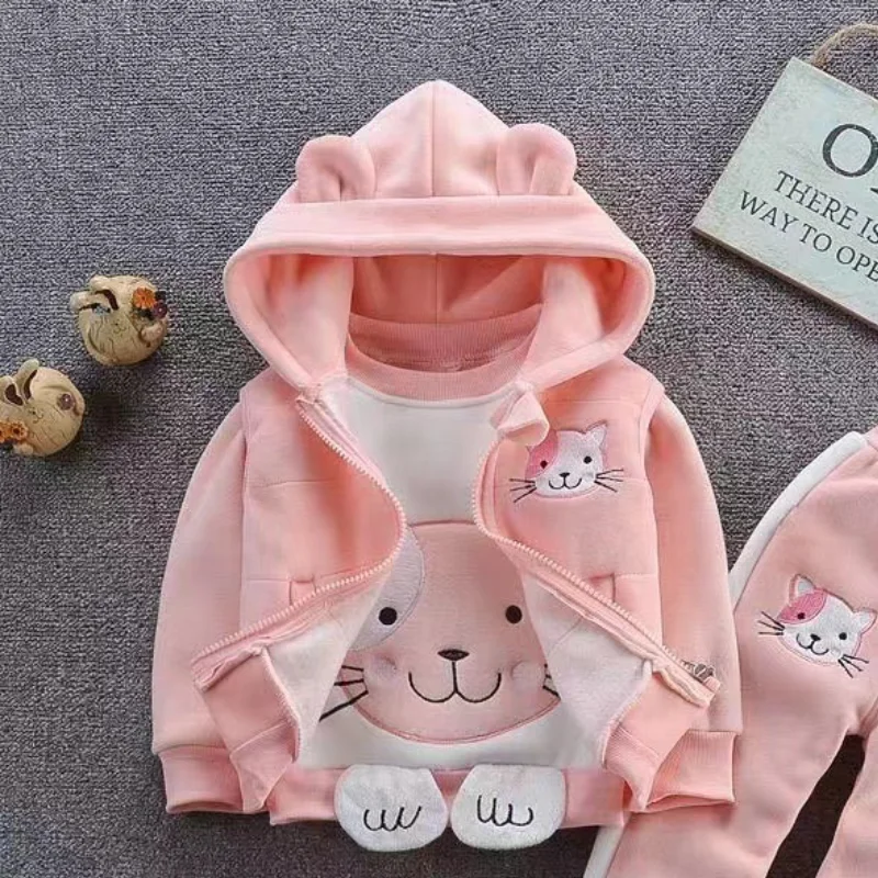 Boys and Girls Autumn and Winter New Cat Printed Cartoon Cute and Thick Velvet Fashion Warm 3-Piece Set for 0-3 Years