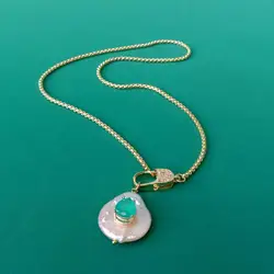 KKGEM Gold Plated Chain Necklace 20x23mm Cultured White Coin Pearl Green Quartz Pendant