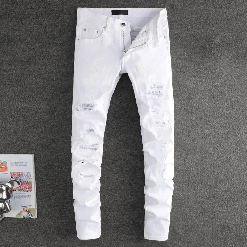 HombreStreet Designer High Street Fashion NewMen's Jeans Elastic Slimming Retro Beaded Patch White Jeans Hip Hop Pants HombreY2K