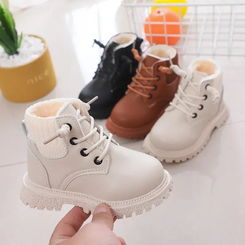 Rindu Children's Martin boots with cotton and thick leather, waterproof boys' cotton shoes and plush leather boots