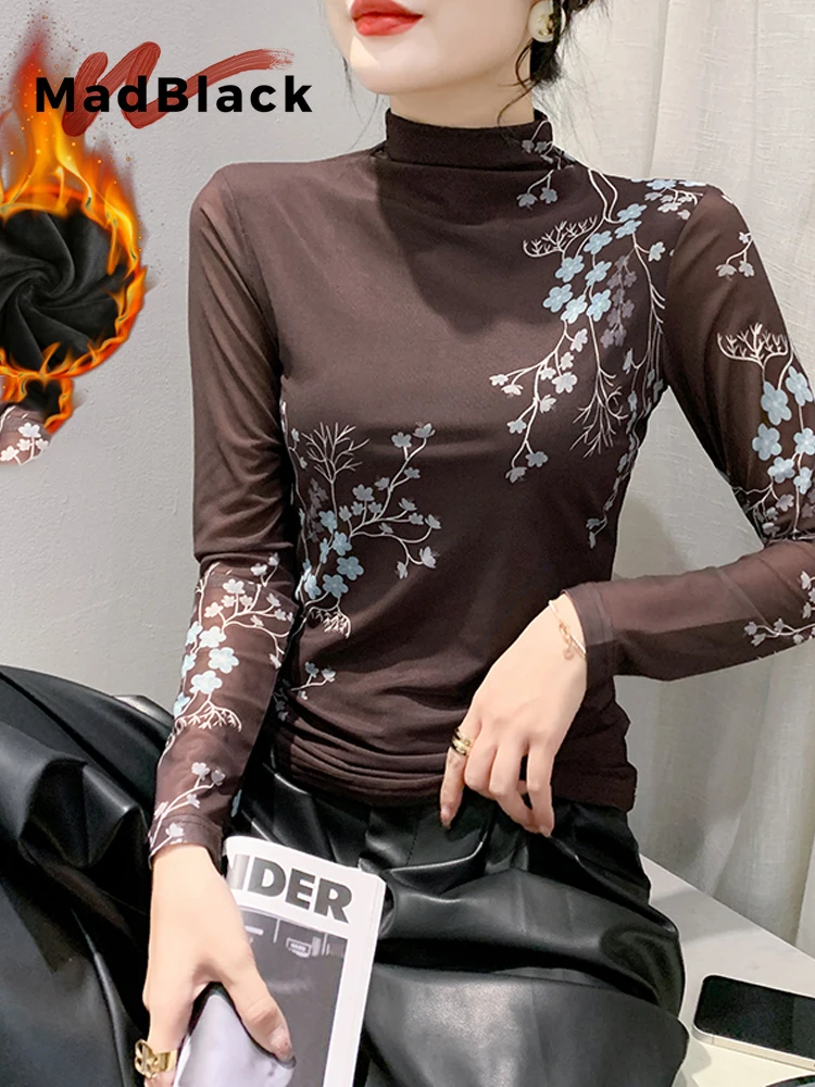 

MadBlack-Women European Fleece T-Shirt, Sexy Turtleneck Print, Vintage Long Sleeve Slim S-3XL Mesh Tee, 2025 Winter New T5D170CC