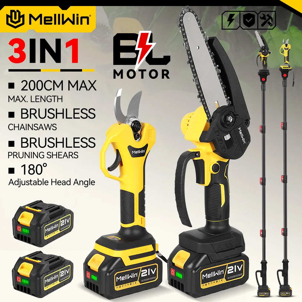 MELLWIN 3-in-1 bürstenlose 6-Zoll-Kettensäge, 30-mm-Astschere-Set mit 2 m Teleskopstange, Gartengerät für Makita 18-V-Akku