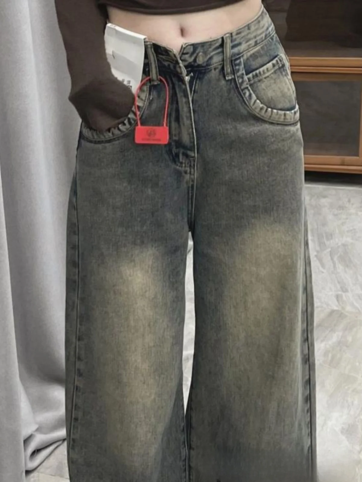 

Ретро широкие прямые джинсы женские осенне-зимние большие размеры для похудения с высокой талией свободные брюки длиной до пола