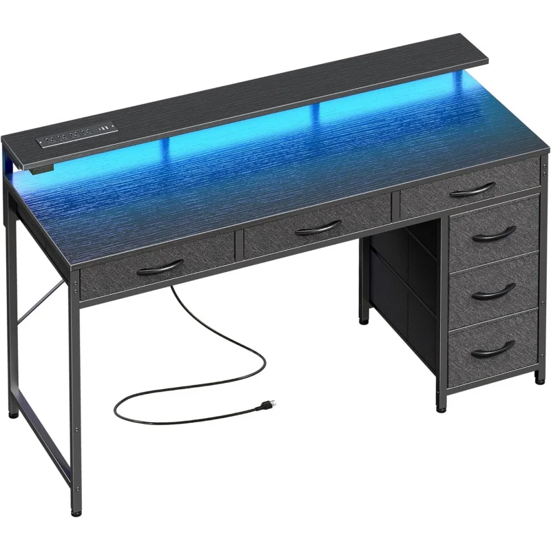 Gaming Desk with 6 Drawers, Computer Desk with LED Lights Power Outlets and Type-C, 47 Inch Office Desk with Storage, Monitor St