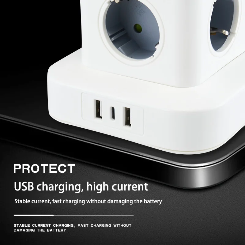 Listwa zasilająca wieżowa 12-gniazdowa z 4 portami USB, przewód przedłużający 1,8 m, wtyczka EU, zabezpieczenie przed przeciążeniem, włącznik, pionowa listwa zasilająca.