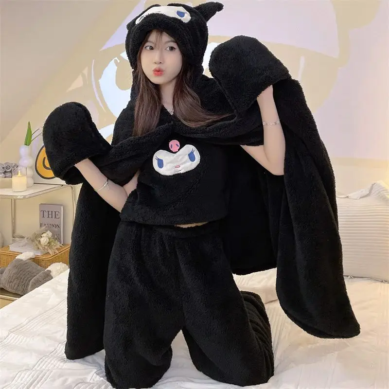 Kuromi Winter Pajamas Kawaii Sanrio Anime Cartoon Woman Plush Hooded Cloak Sling Trousers Three Piece Set Loungewear Set Gift