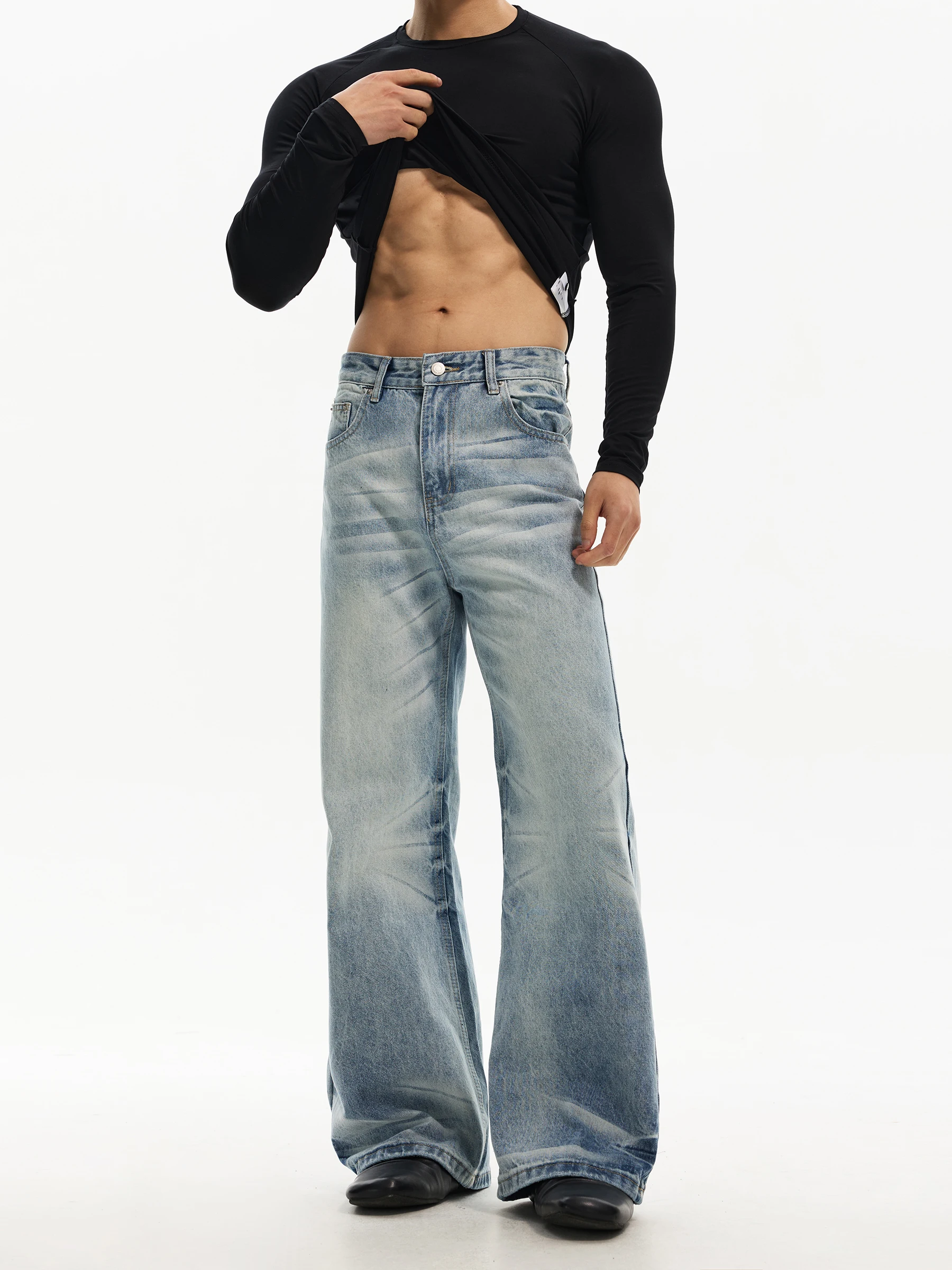 Calças Jeans Casuais Lavadas de Perna Larga para Homens e Mulheres, Corte Reto Retrô, Tendência Jovem, Mistura de Algodão, Us...