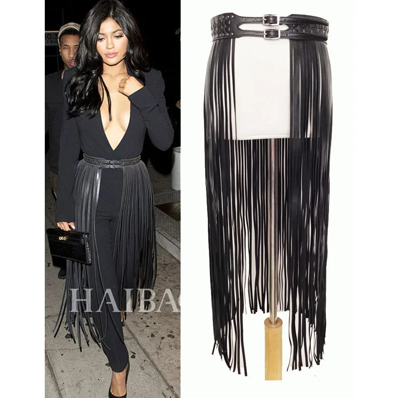 Fantastic Long Fringe Belt Black Leather Designer Belts for Women Long Tassels Pin Buckle Corset belt Spot on trendy! BG-006