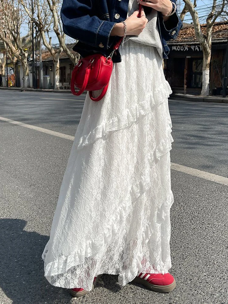 Jupe longue en dentelle blanche et maille pour femmes, Style Preppy doux, élégante, taille haute, Vintage, décontractée, Patchwork, ample, mignonne