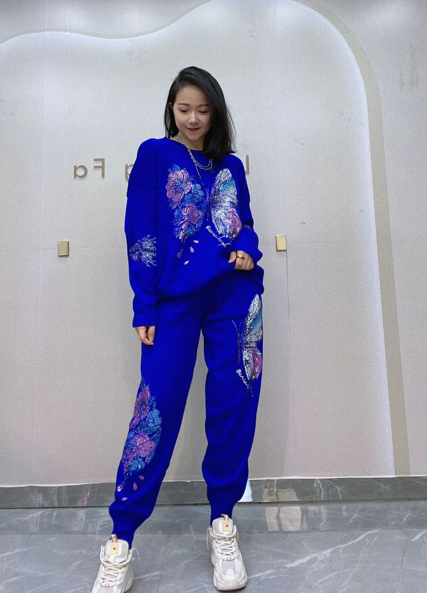 Langarm-Strickpullover Zweiteilige Sets Damen Heavy Industry Flash Diamond Fashion Kapuzenpullover Hose Freizeitanzug