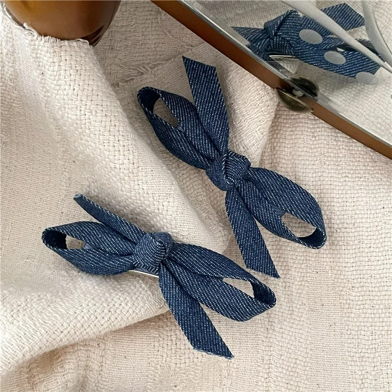 Fashion Personality Denim Blue Fabric Bow Barrettes a Pair of Hairclips Side Shredded Hair Bangs Clip Duckbill Clip New