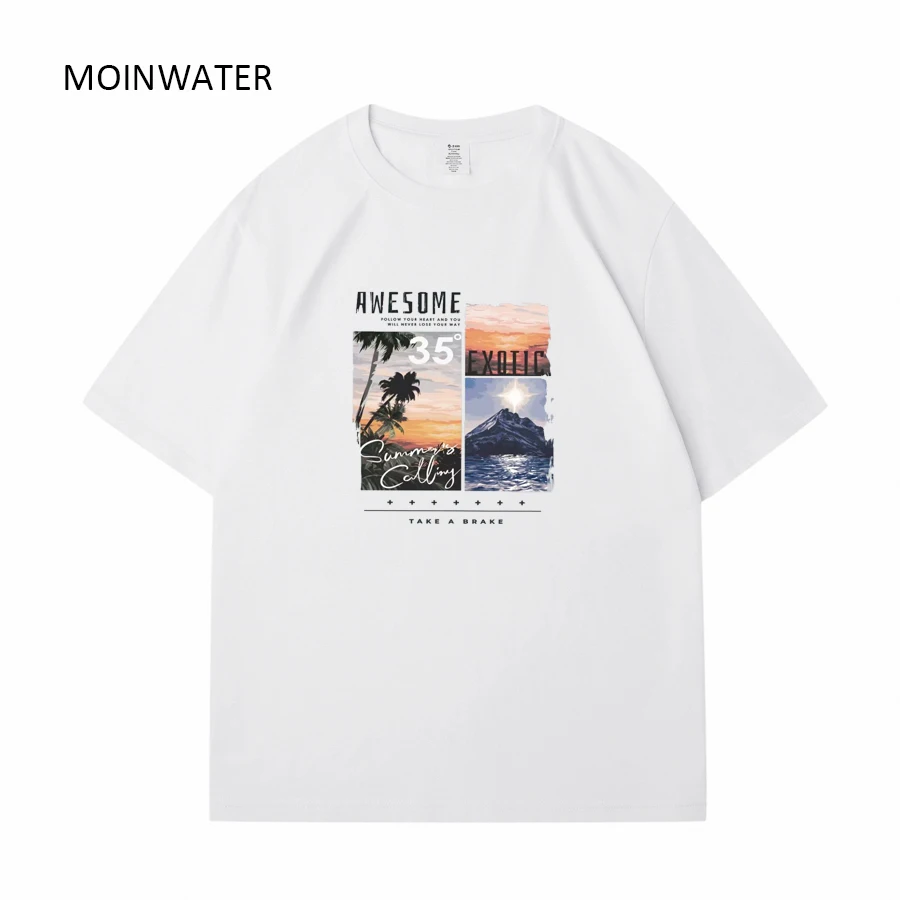 MOINWATER New Men Sunshine Printed Oversized T shirts Male White Soft Cotton Casual Tees Dark Blue Short Sleeve Tops MMT2307