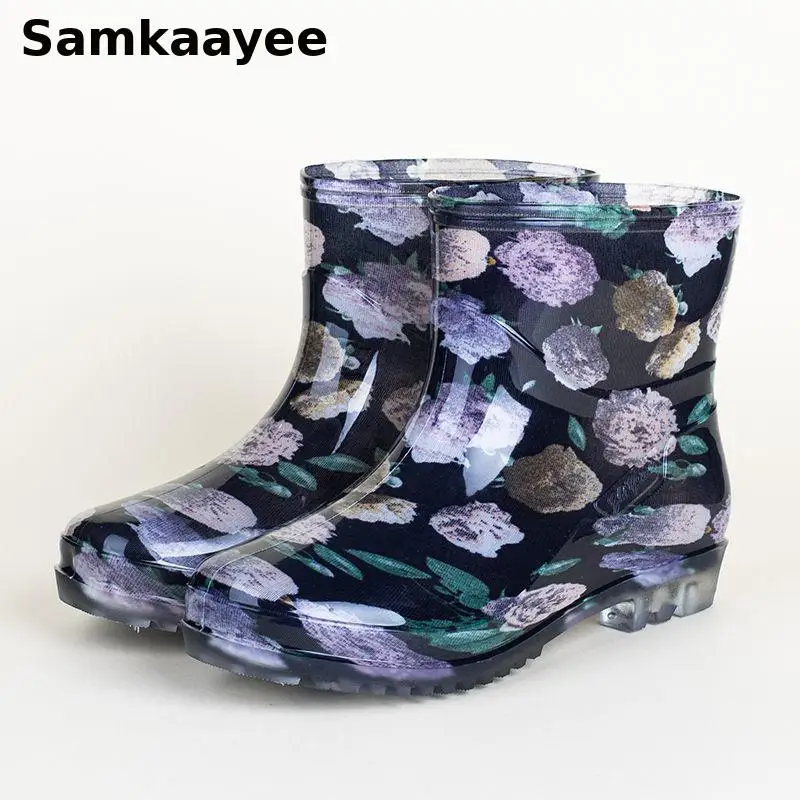 36-41 Botas de lluvia para mujer, Zapatos impermeables para primavera y otoño, Zapatos antideslizantes de suela blanda para mujer, calzado de trabajo sin cordones con estampado