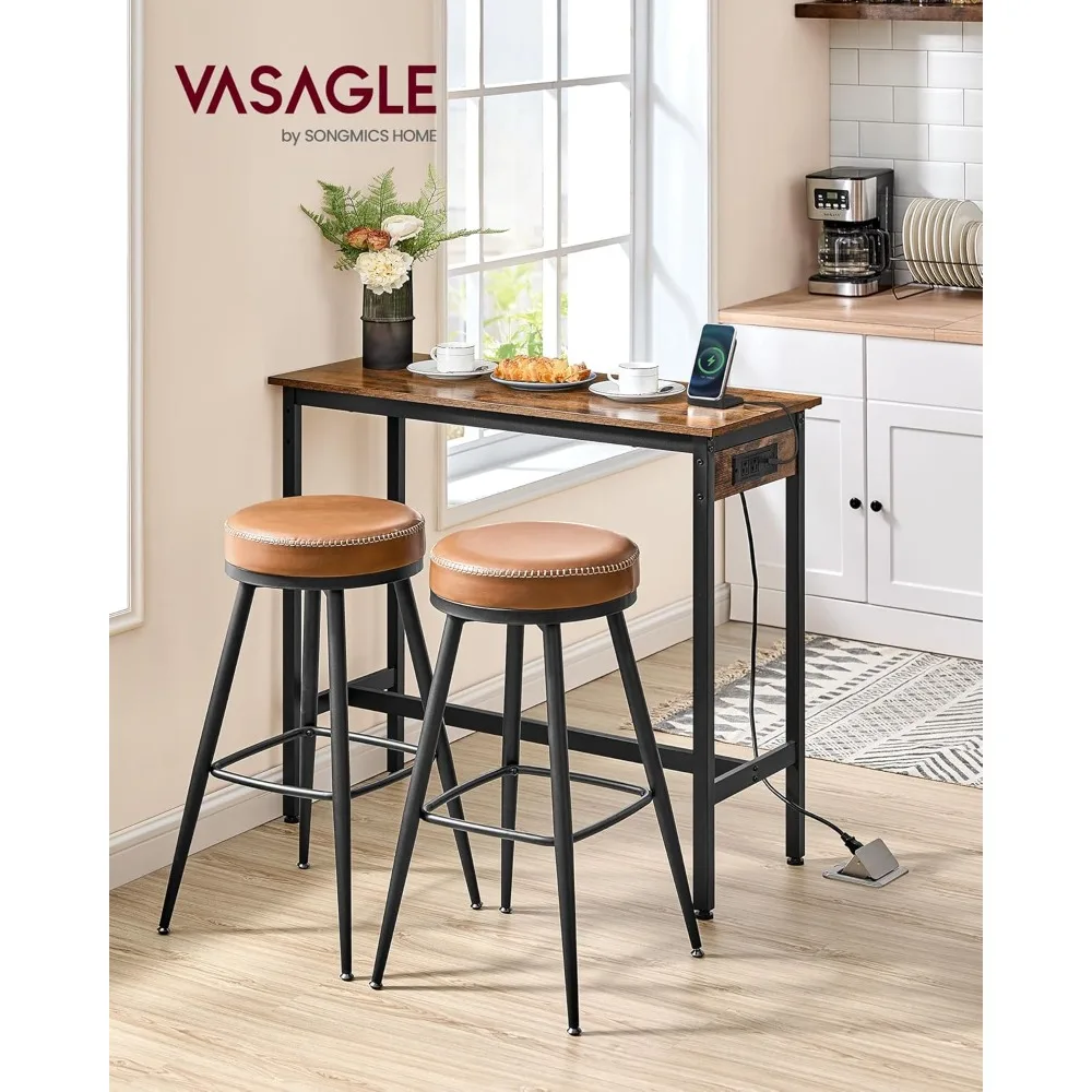 Bar Table, Narrow Long Kitchen Dining Table with Charging Station, Sturdy Metal Frame, Industrial, 15.7 x 39.4 x 35.4 Inches, R