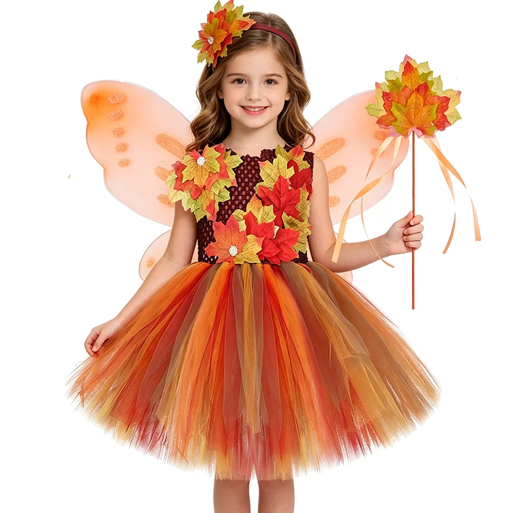 Fall Maple Leaf Fairy Costumes for Girls Autumn Thanksgiving Lined Dresses Kids Halloween Carnival Outfit with Butterfly Wings
