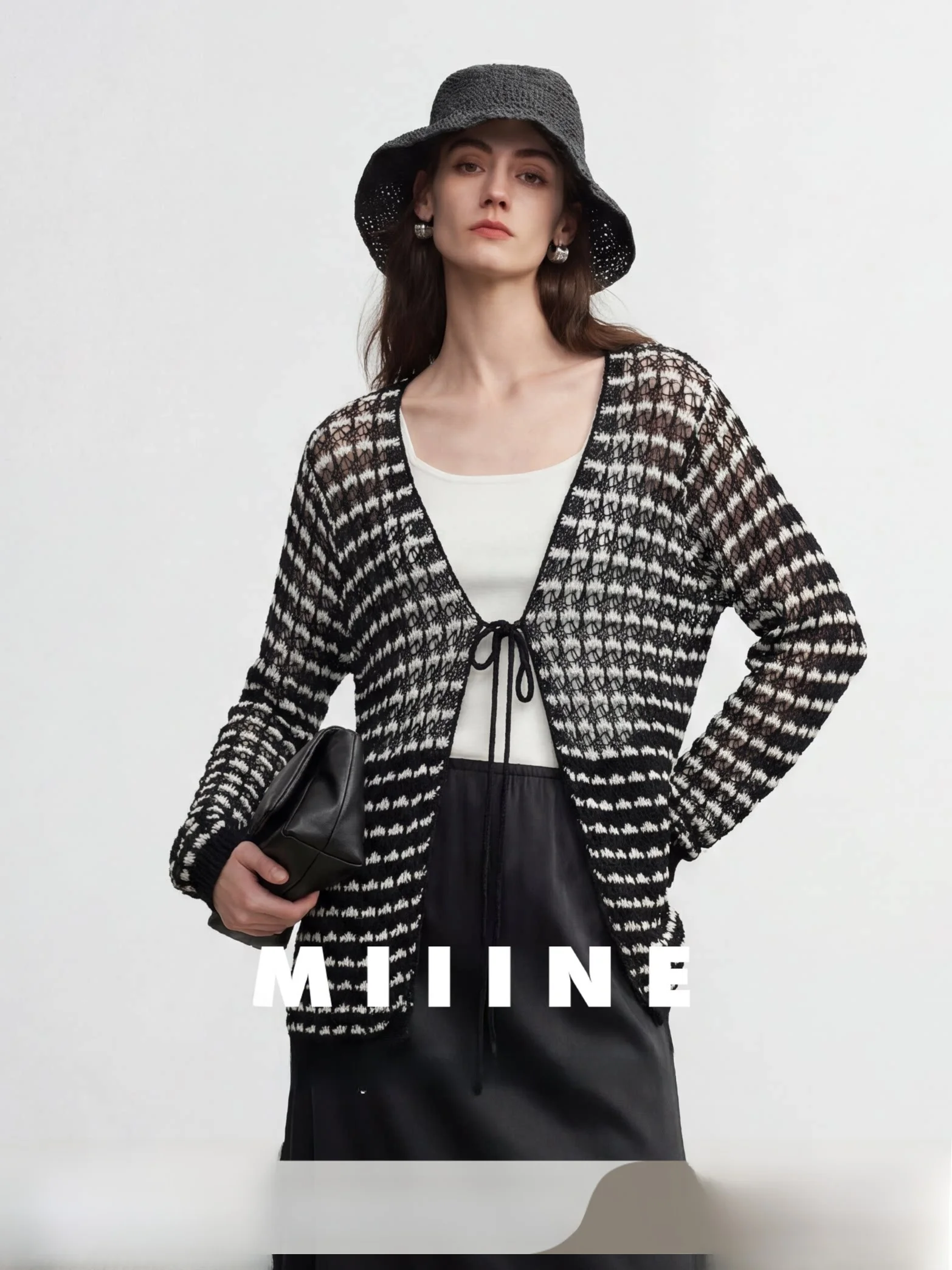 

Вязаный кардиган Miiine с высокой степенью кручения пряжи, ажурный, с поясом, во французском стиле, свободного кроя, с длинными рукавами, узором «птичий глаз», для повседневной носки, легкий