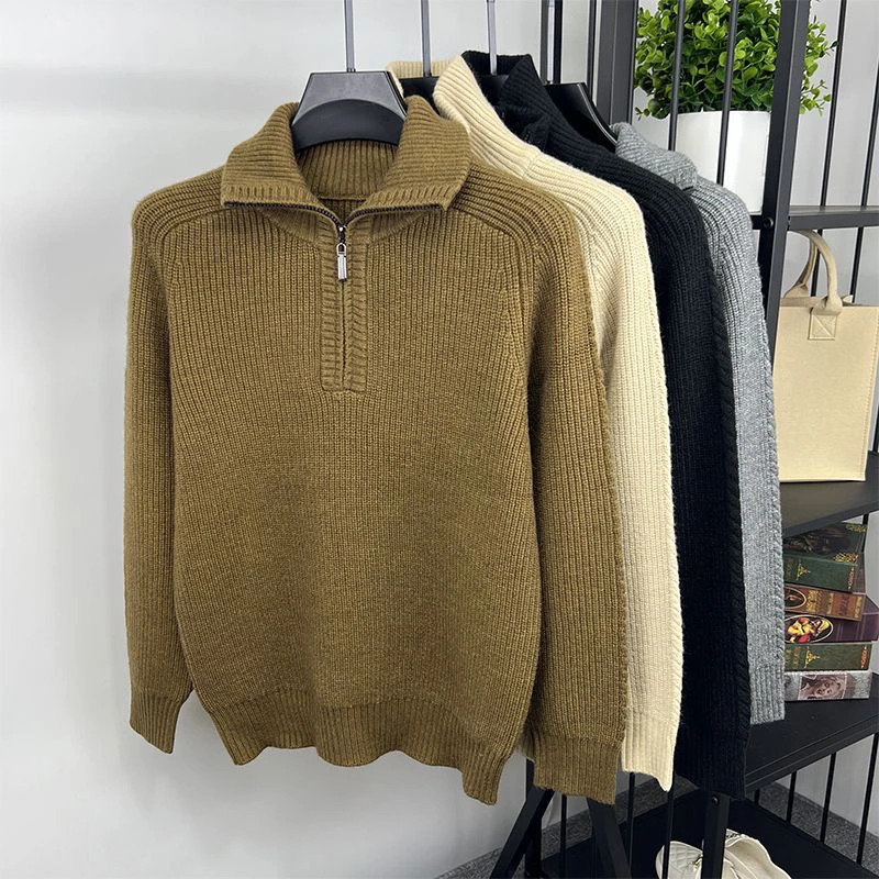 

Мужской вязаный свитер Thiened с высоким воротником на молнии, повседневный зимний теплый шерстяной пуловер для отдыха, модный цвет