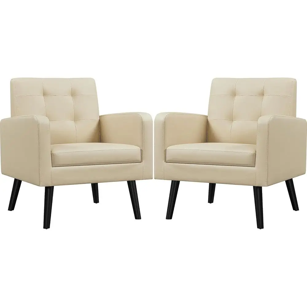 

Mid-Century Modern Accent Chairs, Faux Leather Upholstered Living Room Furniture, Cozy Button-Tufted Armchair with Wooden Legs,