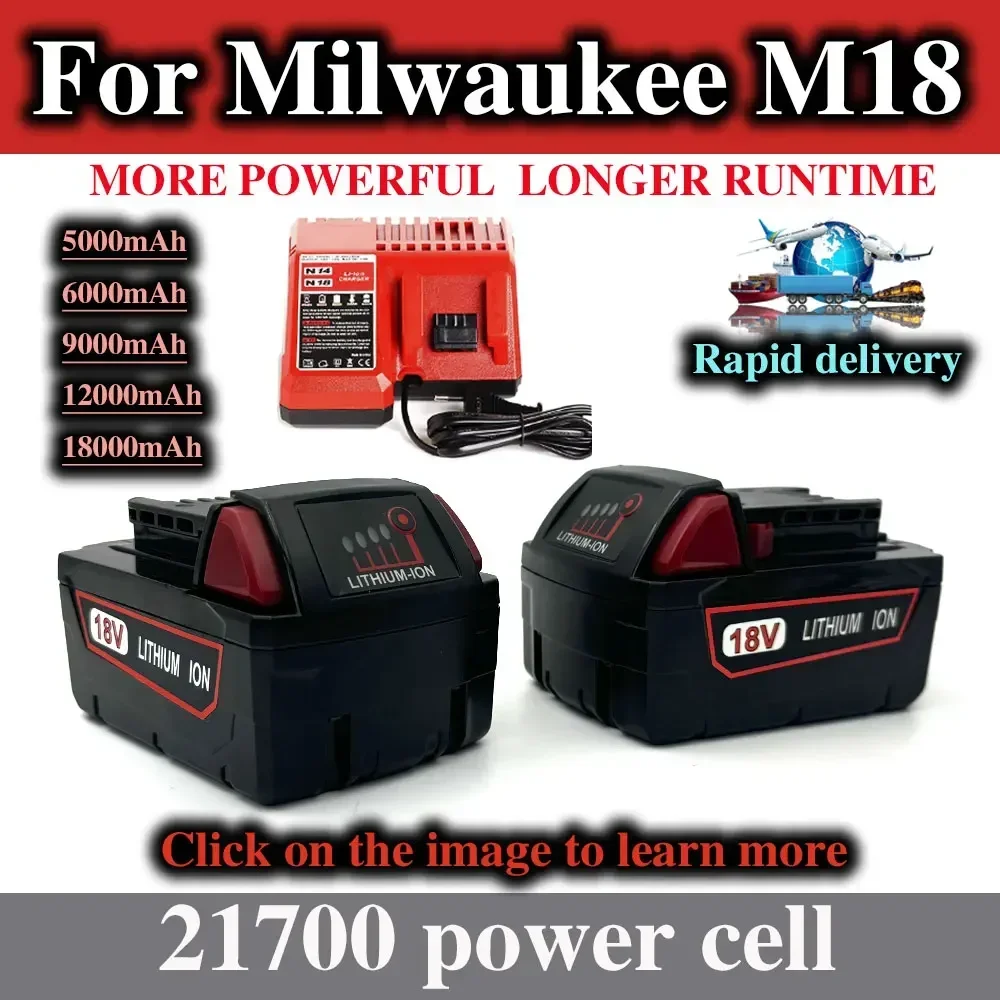 For Milwaukee M18 Power Tool Battery, Charger, BR, XC, 18V, 5000mAh-18000mAh M18B5, 48-11-1860, Built-in 21700 Battery