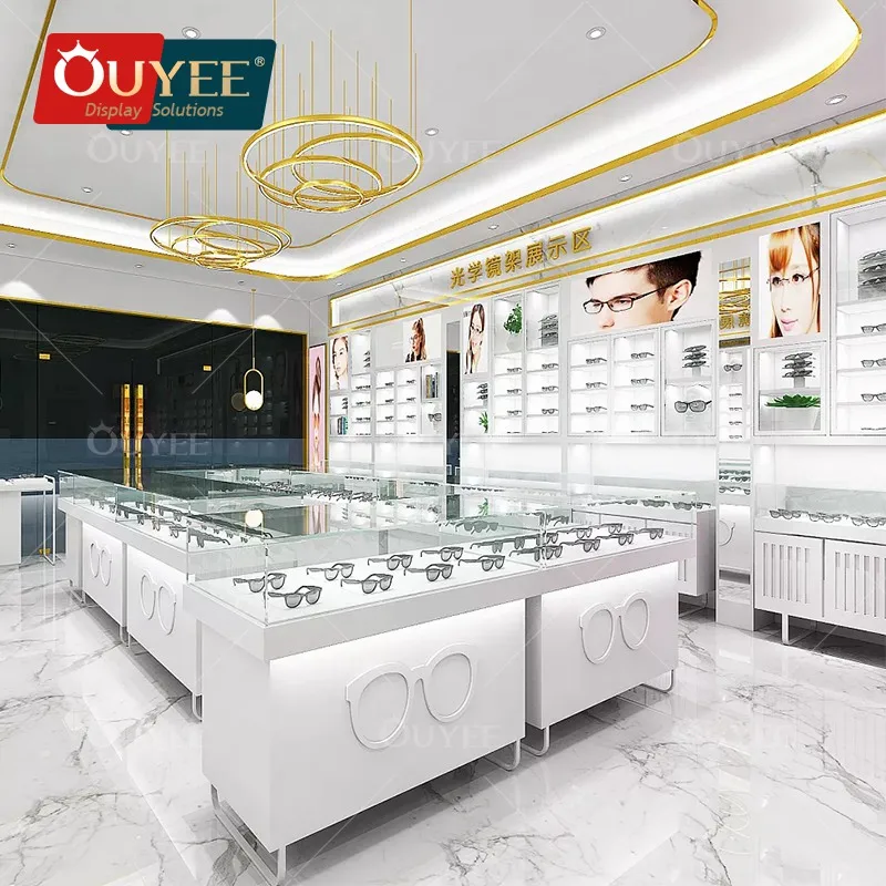 Customized-fashion retail sunglasses wall display with storage base drawer eyewear store optical shop interior design