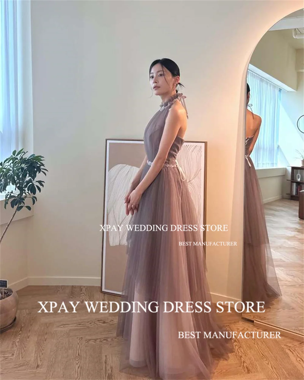 XPAY Elegant Grey Halter Neck Korea Evening Dresses Beading Tiered Party Customised Gown Lace Up A Line Backless Prom Dress