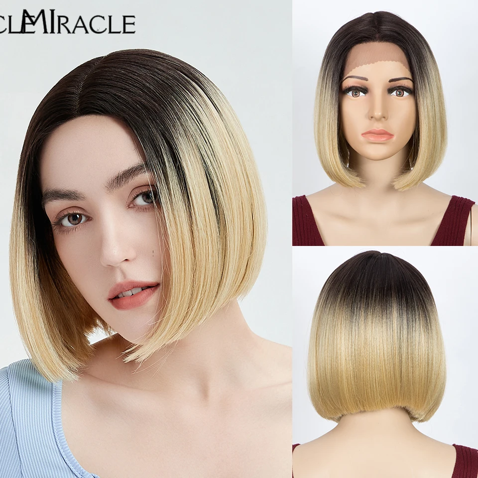 MIRACLE 10 Inch  Short Bob Wig Synthetic Lace Front Wig for Women 613 Cosplay Wig Ombre Blonde Wig Short Straight Hair Lace Wigs