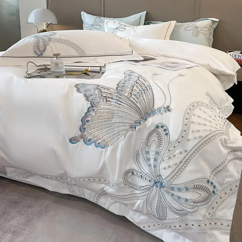 

Butterfly Embroidery Bedding Set Luxury White Egypt Cotton Duvet Cover Fitted Bed Sheet Pillowcase Double King Size Quilt Covers