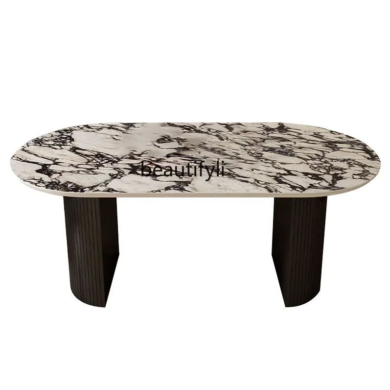 

European-Style French-Style Modern Retro High-End Villa Oval Creative Luxury Stone Rock Plate Dining Table Marble Dining-Table