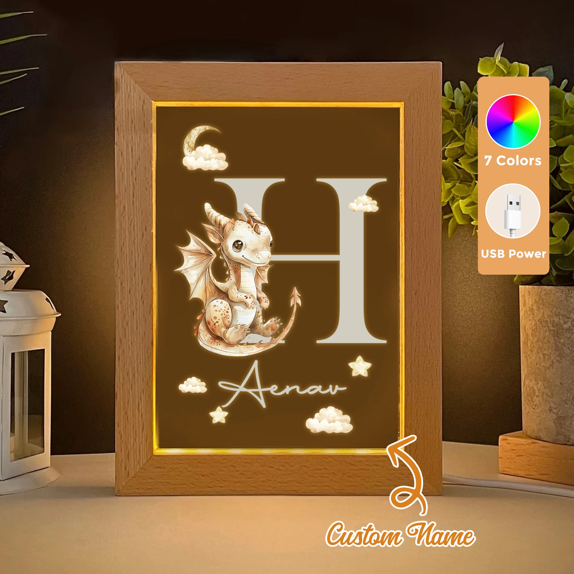 

2D Flat Custom Name Yellow Dinosaur LED Acrylic Night Light Wood Photo Frame 21x17cm Cartoon Children Bedroom Gifts Home Decor