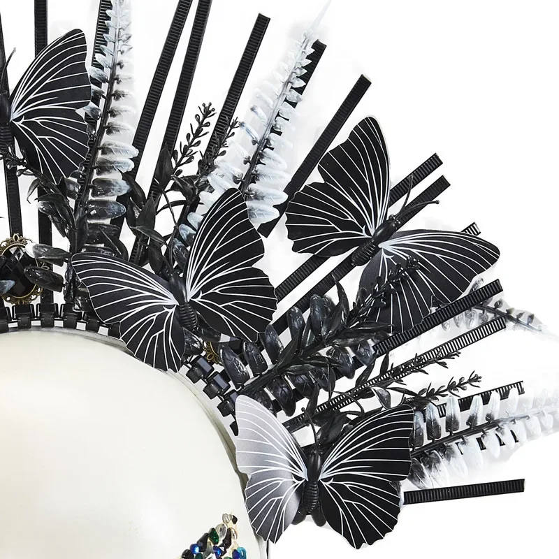 สีดํา Spiked Halo เครื่องประดับผม Gothic Lolita Leaf ผีเสื้อมงกุฎฮาโลวีน Party ไซเรนอุปกรณ์เสริมผม