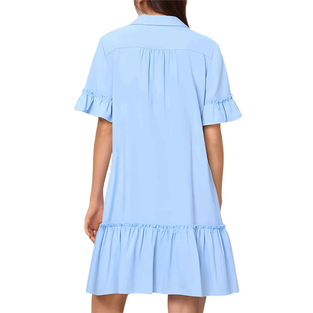 Women'S Summer Button Down Shirt Dress Casual Ruffle Sleeve Shift Mini Dresses with Pockets Light Blue XXL