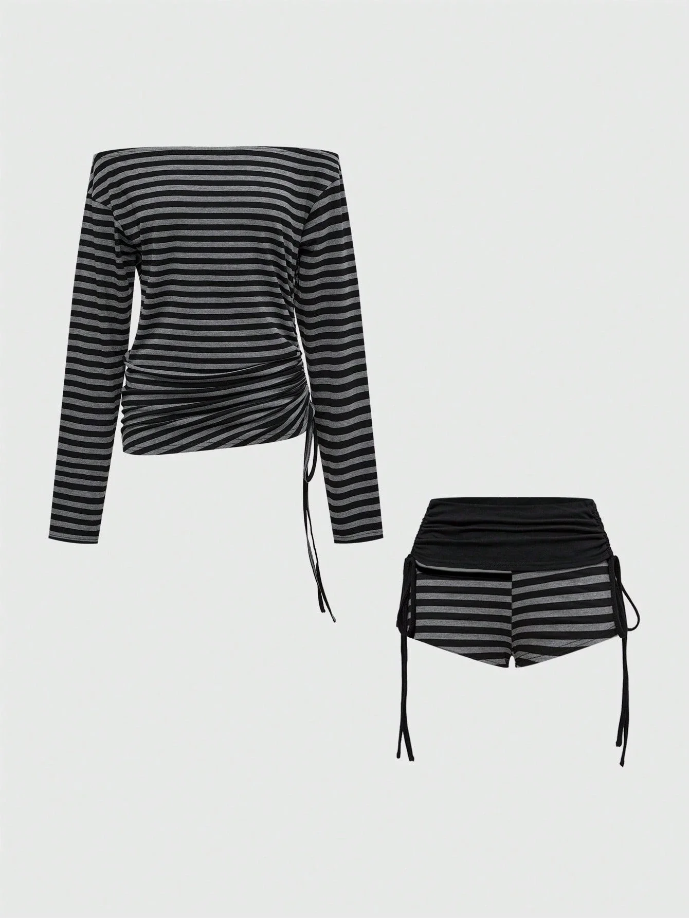 

Off Shoulder Striped Ruched Drawstring Top And Shorts Set Women Casual Y2K
